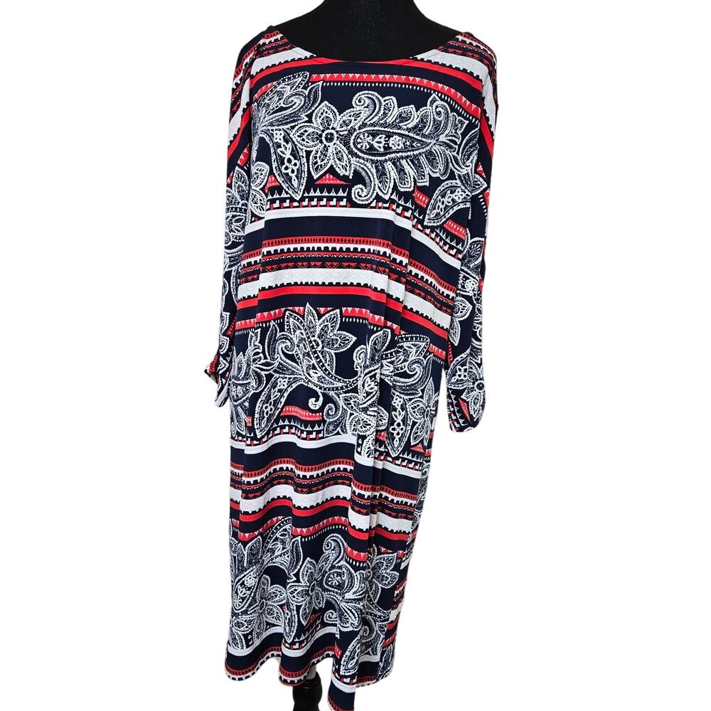Est 1946 Women's Red White Blue Paisley Floral Elegant Shift 3/4 Open Slve Sz XL